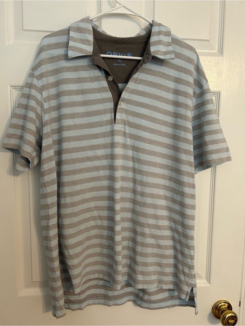 Orvis Men's Striped Polo Shirt in Light Blue and Gray